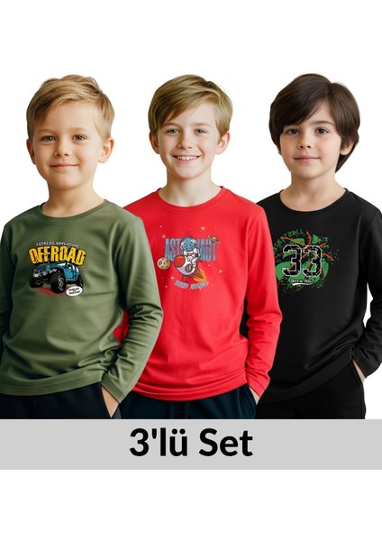 Erkek Çocuk Bisiklet Yaka Baskı Detaylı 3'lü Basic Sweatshirt