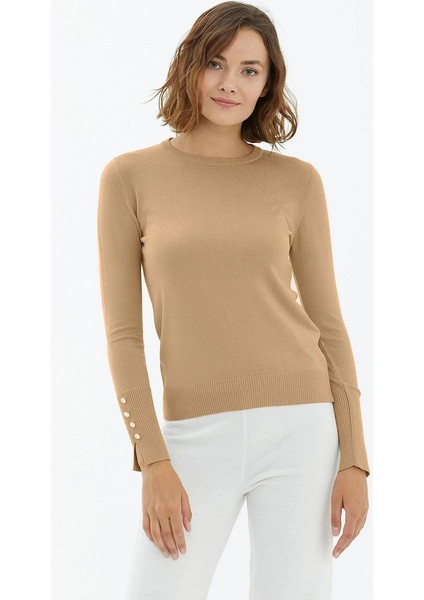 Sıfır Yaka Kolu Düğmeli Triko Kazak Vizon