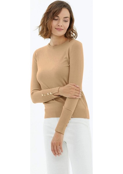 Sıfır Yaka Kolu Düğmeli Triko Kazak Vizon fiyatları