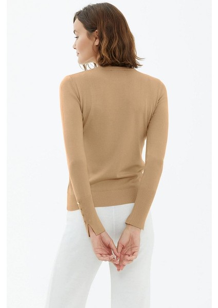 Sıfır Yaka Kolu Düğmeli Triko Kazak Vizon modelleri