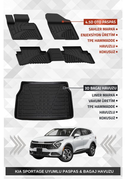 Kia Sportage 2022+ Uyumlu Sahler 4.5d Premium Paspas ve Liner 3D Bagaj Havuzu (Cool-Elegance Paket)