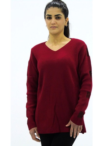 V Yaka Kol Detaylı Triko Kazak