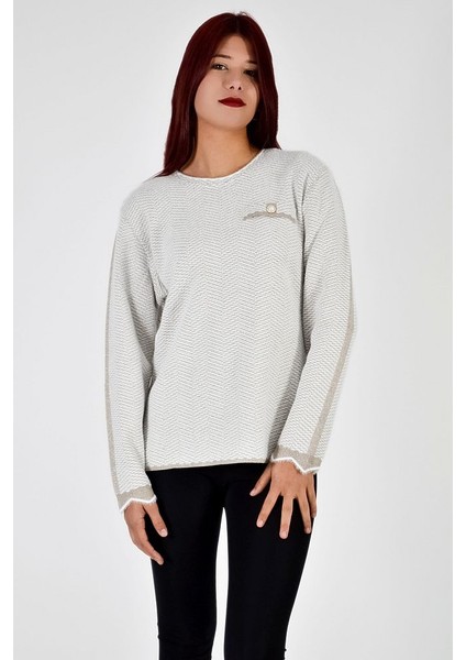 Sıfır Yaka Kendinden Desenli Triko Kazak