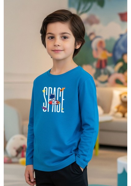 Sıfır Yaka Space Baskılı Erkek Çocuk Sweatshirt