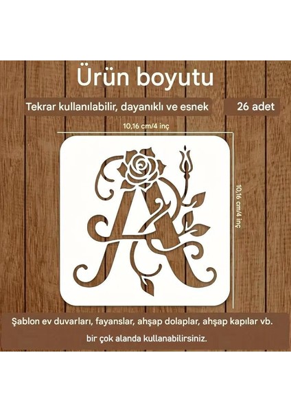Kaligrafi Harf Şablonları 26 Parça 10X10CM-ÇIÇEK Harf Şablonu, Boyama Sticker