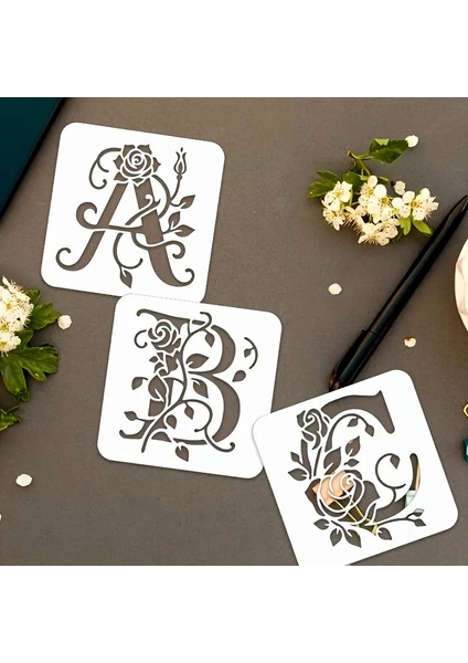 Kaligrafi Harf Şablonları 26 Parça 10X10CM-ÇIÇEK Harf Şablonu, Boyama Sticker fiyatları