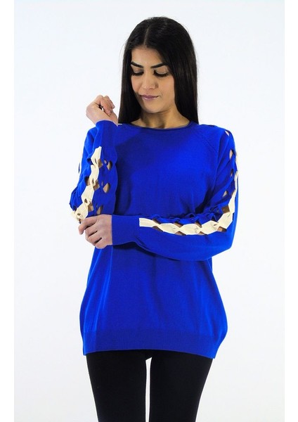 Kol Detaylı Çift Renk Triko Kazak