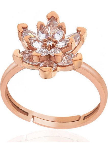 Gümüş Rose Beyaz Taşlı Lotus Çiçeği Kadın Yüzük