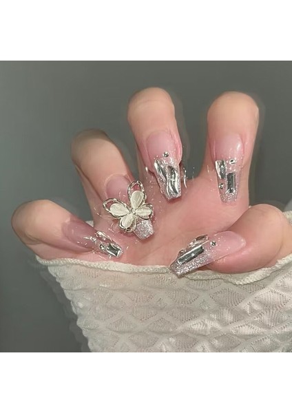 Kısa Tırnaklara Basın, Hafif Mükemmel Uyum, Tırnak Tutkallı Uzun Tırnak, 12 Boyutta Tırnaklarda Yeniden Kullanılabilir Yarı Şeffaf Çubuk - 24 Tırnak Seti, Kristalli Kelebek, No.1 (Yurt Dışından)