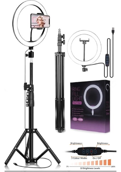 10" Halka LED 210cm Tripodlu Youtuber Video Selfie Stüdyo Makyaj Tiktok Işığı Ring Light 3 Renk Işık