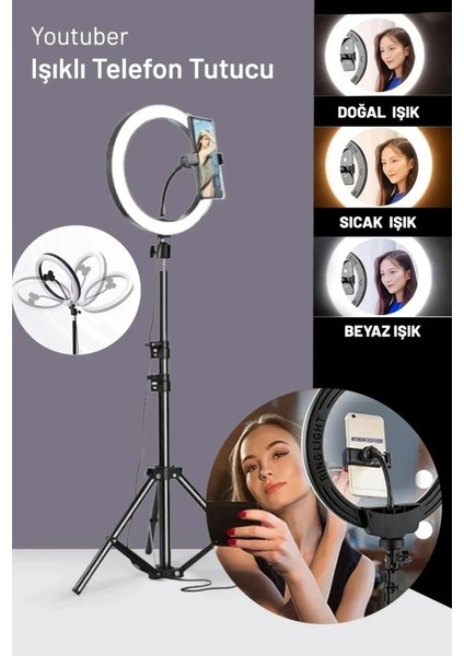 10" Halka LED 210cm Tripodlu Youtuber Video Selfie Stüdyo Makyaj Tiktok Işığı Ring Light 3 Renk Işık