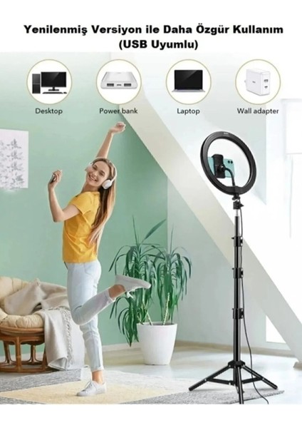 10" Halka LED 210cm Tripodlu Youtuber Video Selfie Stüdyo Makyaj Tiktok Işığı Ring Light 3 Renk Işık