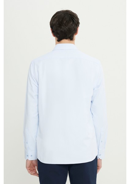 Erkek Mavi Slim Fit Dar Kesim Italyan Yaka Armürlü Gömlek