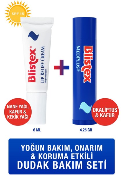 Kuru ve Çatlamış Dudaklara Onarıcı ve Ferahlatıcı Dudak Bakım Kremi- Med Plus Stick 4.25g.+ Kuru ve Çatlamış Dudaklar İçin Onarıcı ve Rahatlatıcı Dudak Bakım Kremi- Lip Relief Cream SPF15 6ml