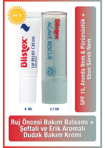 Çatlak Dudaklara Lip Relief Cream SPF15 6ml + Agave Rescue Nemlendirmeyi Destekleyen Kurtarıcı Dudak Kremi 3.7gr