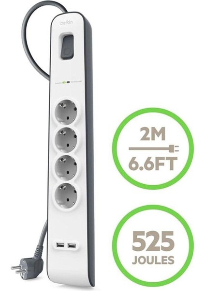 BSV401VF2M 4'lü 2m Akım Korumalı Priz + 2'li 2.4A USB Girişi fiyatları