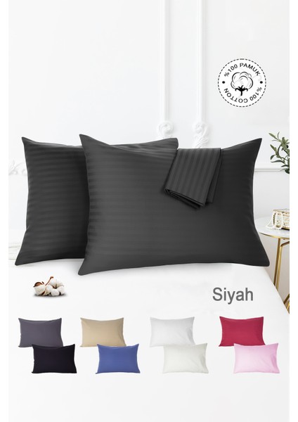 %100 Pamuk 2’li Çizgili Saten Yastık Kılıfı 50 x 70 | Siyah
