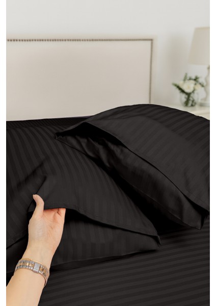 %100 Pamuk 2’li Çizgili Saten Yastık Kılıfı 50 x 70 | Siyah fiyatları