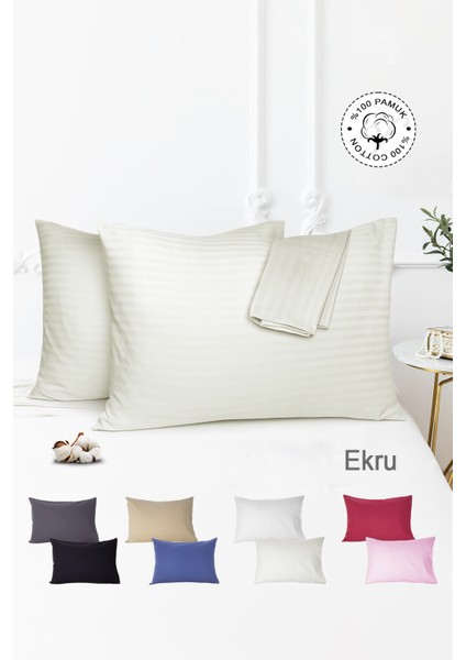 %100 Pamuk 2’li Çizgili Saten Yastık Kılıfı 50 x 70 | Ekru