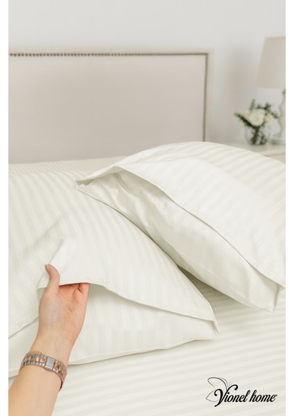 %100 Pamuk 2’li Çizgili Saten Yastık Kılıfı 50 x 70 | Ekru fiyatları