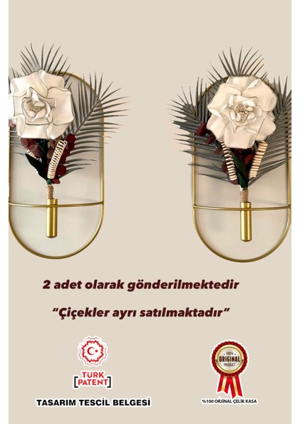 2 Adet Gold Oval Çiçeklik , Modern Dekoratif Metal Duvar Çiçeklik