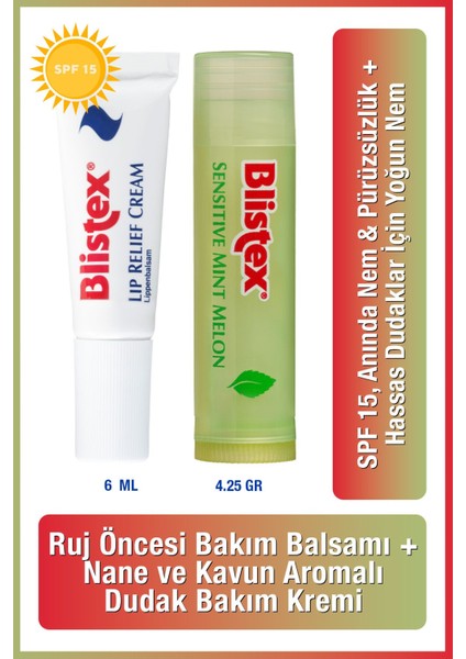 Çatlak Dudaklara Lip Relief Cream SPF15 6ml+Sensıtıve Mınt Melon Nemlendirmeyi Destekleyen Kurtarıcı Dudak Kremi 4.25GR