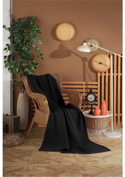 Siyah Waffle Desen Saçaksız Koltuk Örtüsü/tv Battaniyesi 140X200CM