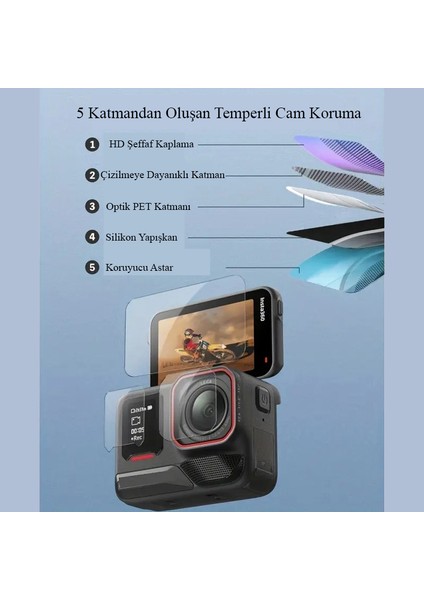 INSTA360 Ace Pro 2 Uyumlu 9h Temperli Cam Ekran ve Lens Koruyucu (3 Parça Set) modelleri