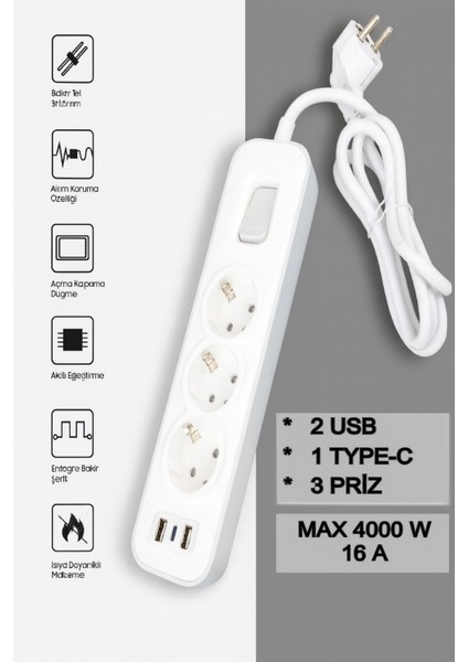 3'lü Anahtarlı Akım Korumalı Grup Priz 2 USB 1 Type C 1.5 Metre Çoklu Priz Uzatma Kablosu