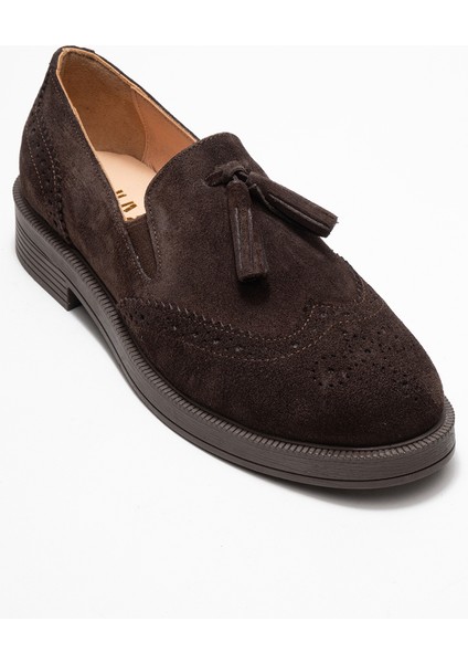 Alex Kahverengi Süet Hakiki Deri Püsküllü Lastikli Kadın Loafer Ayakkabı modelleri