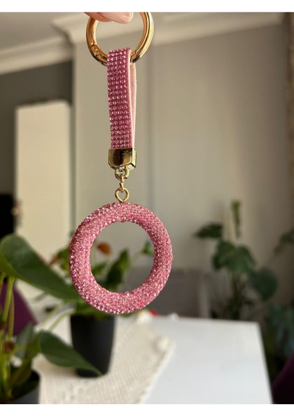 Zirkon Taşlı Pembe Silindir Anahtarlık Modeli
