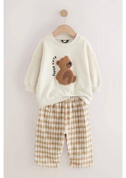 Kareli Ayıcık Panç Işleme Detaylı Erkek çocuk takım - Krem modelleri