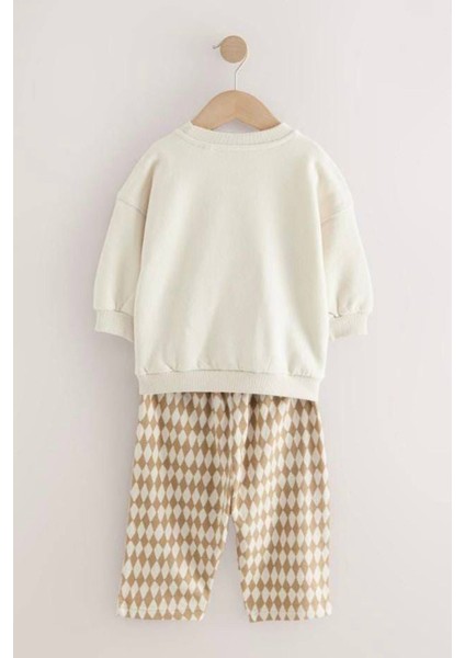 Kareli Ayıcık Panç Işleme Detaylı Erkek çocuk takım - Krem fırsatları