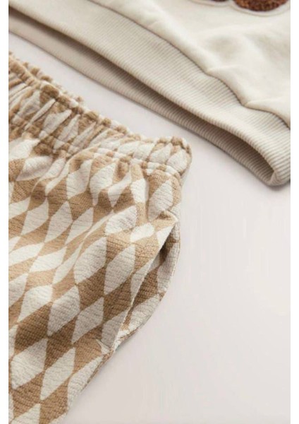 Kareli Ayıcık Panç Işleme Detaylı Erkek çocuk takım - Krem indirimleri