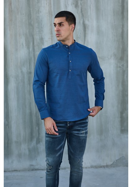 Hakim Yaka Yarım Pat Likra Keten Doku Pamuk Slim Fit Erkek Gömlek