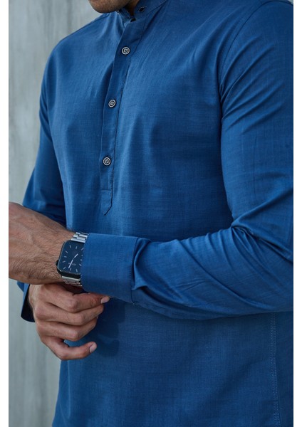 Hakim Yaka Yarım Pat Likra Keten Doku Pamuk Slim Fit Erkek Gömlek modelleri