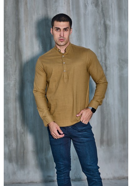 Hakim Yaka Yarım Pat Likra Keten Doku Pamuk Slim Fit Erkek Gömlek