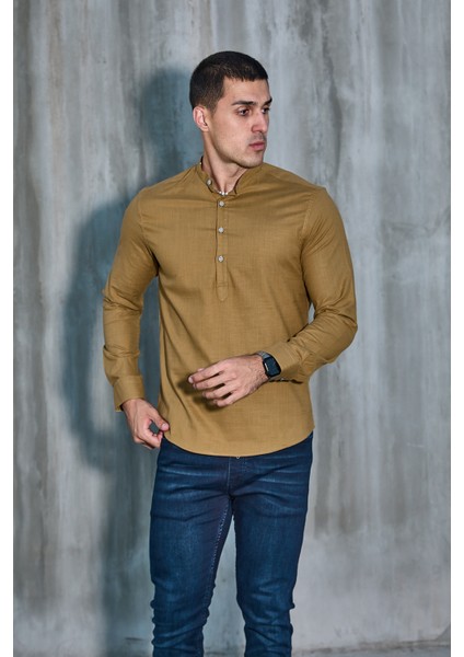 Hakim Yaka Yarım Pat Likra Keten Doku Pamuk Slim Fit Erkek Gömlek fiyatları