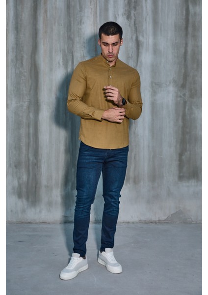 Hakim Yaka Yarım Pat Likra Keten Doku Pamuk Slim Fit Erkek Gömlek