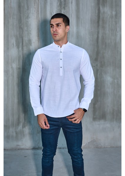 Hakim Yaka Yarım Pat Likra Keten Doku Pamuk Slim Fit Erkek Gömlek