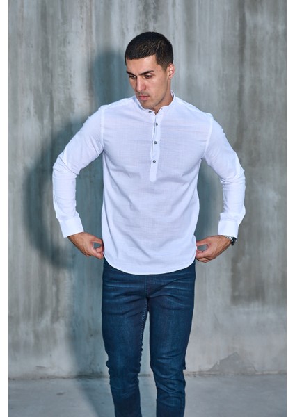 Hakim Yaka Yarım Pat Likra Keten Doku Pamuk Slim Fit Erkek Gömlek fiyatları