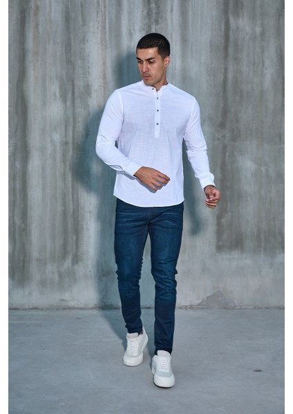 Hakim Yaka Yarım Pat Likra Keten Doku Pamuk Slim Fit Erkek Gömlek modelleri