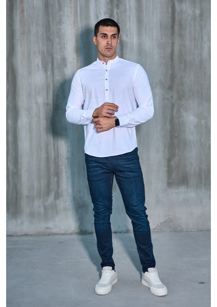 Hakim Yaka Yarım Pat Likra Keten Doku Pamuk Slim Fit Erkek Gömlek fırsatları