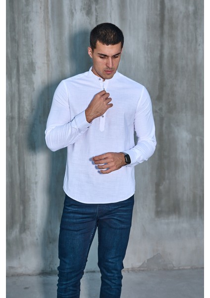 Hakim Yaka Yarım Pat Likra Keten Doku Pamuk Slim Fit Erkek Gömlek indirimleri