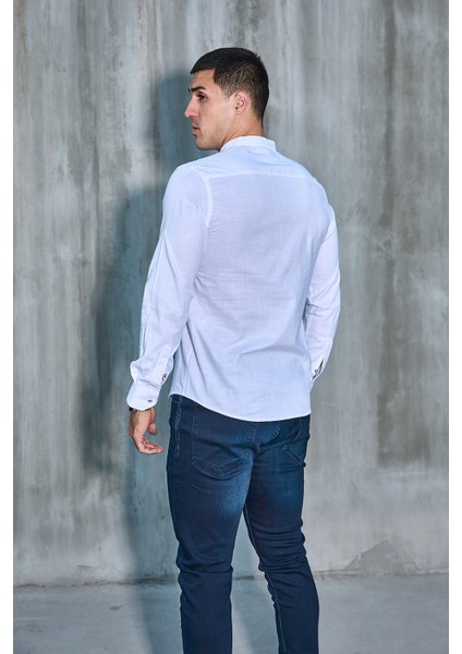 Hakim Yaka Yarım Pat Likra Keten Doku Pamuk Slim Fit Erkek Gömlek