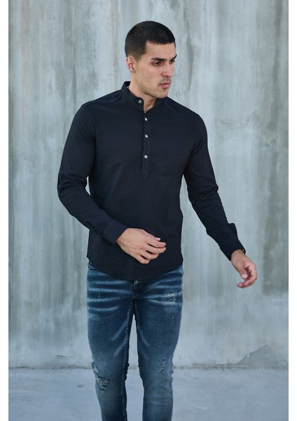 Hakim Yaka Yarım Pat Likra Keten Doku Pamuk Slim Fit Erkek Gömlek