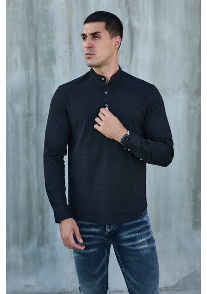 Hakim Yaka Yarım Pat Likra Keten Doku Pamuk Slim Fit Erkek Gömlek fiyatları