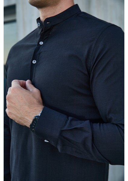 Hakim Yaka Yarım Pat Likra Keten Doku Pamuk Slim Fit Erkek Gömlek modelleri