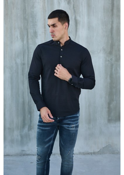 Hakim Yaka Yarım Pat Likra Keten Doku Pamuk Slim Fit Erkek Gömlek fırsatları