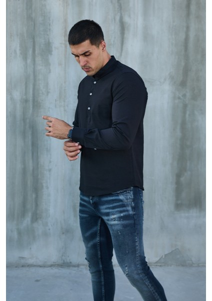 Hakim Yaka Yarım Pat Likra Keten Doku Pamuk Slim Fit Erkek Gömlek indirimleri